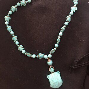 Lucky Turquoise Carved Turtle Necklace with Good Luck Shou, Turtle Beads